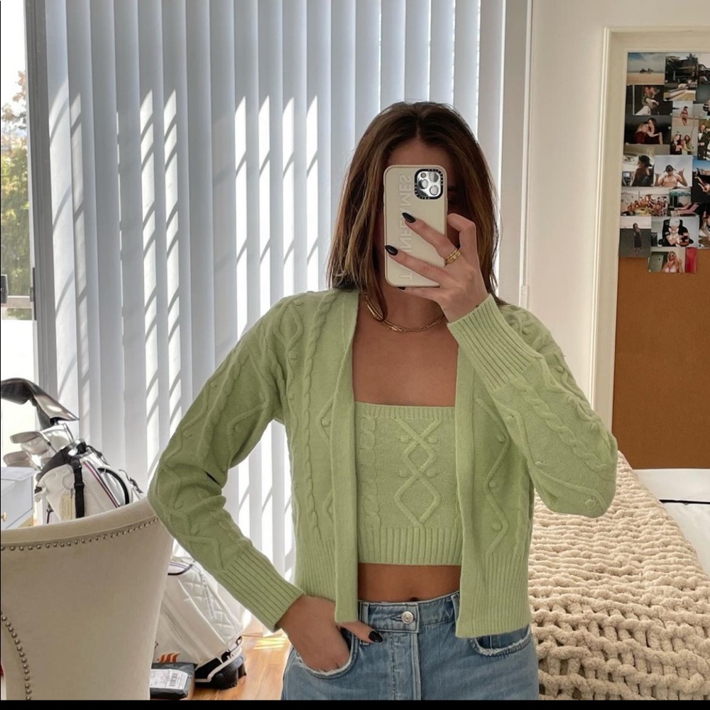 Green cardigan knit set